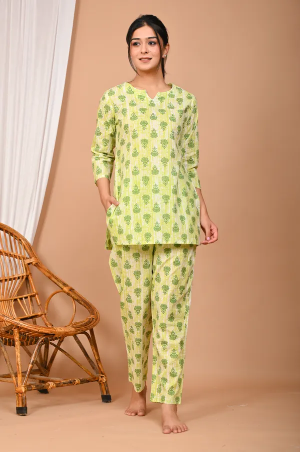 Lime_Green_Cotton_Floral_Printed_Night_Suit_Set_For_Women