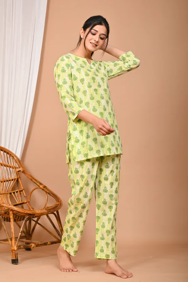 Lime_Green_Cotton_Floral_Printed_Night_Suit_Set_For_Women