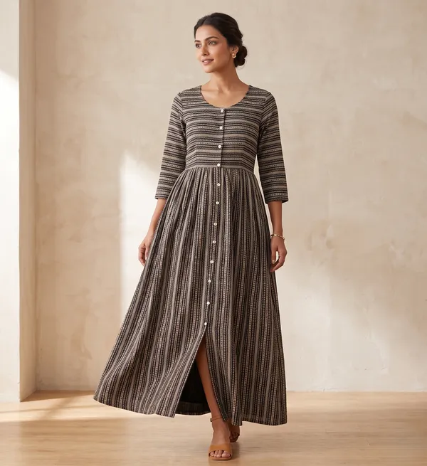 Grey_Cotton_Blend_Striped_Flared_Long_Dress_For_Women