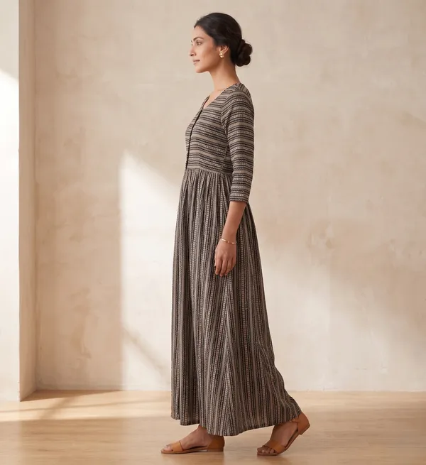 Grey_Cotton_Blend_Striped_Flared_Long_Dress_For_Women