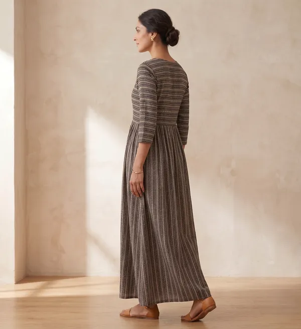 Grey_Cotton_Blend_Striped_Flared_Long_Dress_For_Women