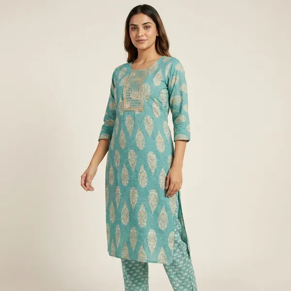 Turquoise_Green_Cotton_Printed_Kurta_Pant_Set_For_Women