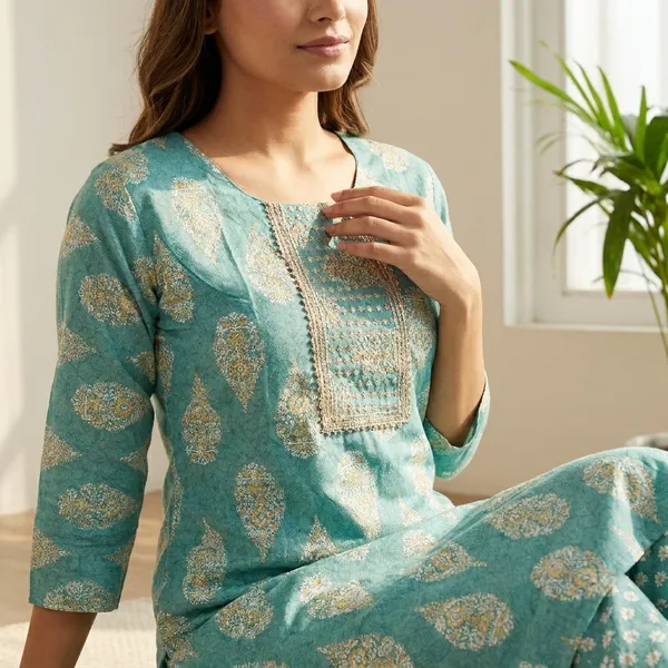 Turquoise_Green_Cotton_Printed_Kurta_Pant_Set_For_Women