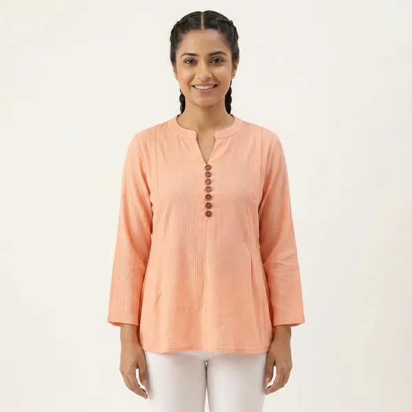 Peach_Cotton_Mix_Frill_Hem_Kurta_For_Women