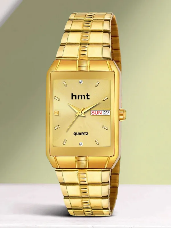 Gold_Stainless_Steel_Rectangular_Dial_Day_Date_Analog_Watch_For_Men