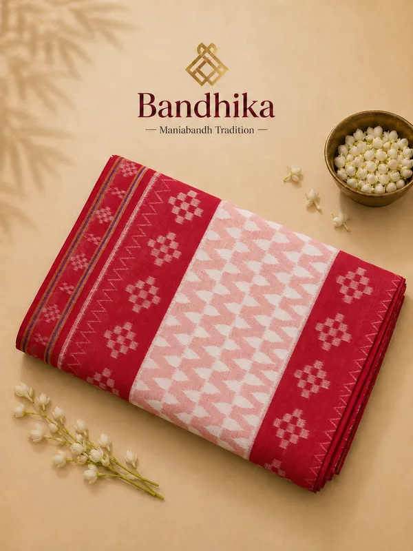Bandhika_Maniabandha_Ikat_Pure_Cotton_Saree_Red_Cream_Traditional