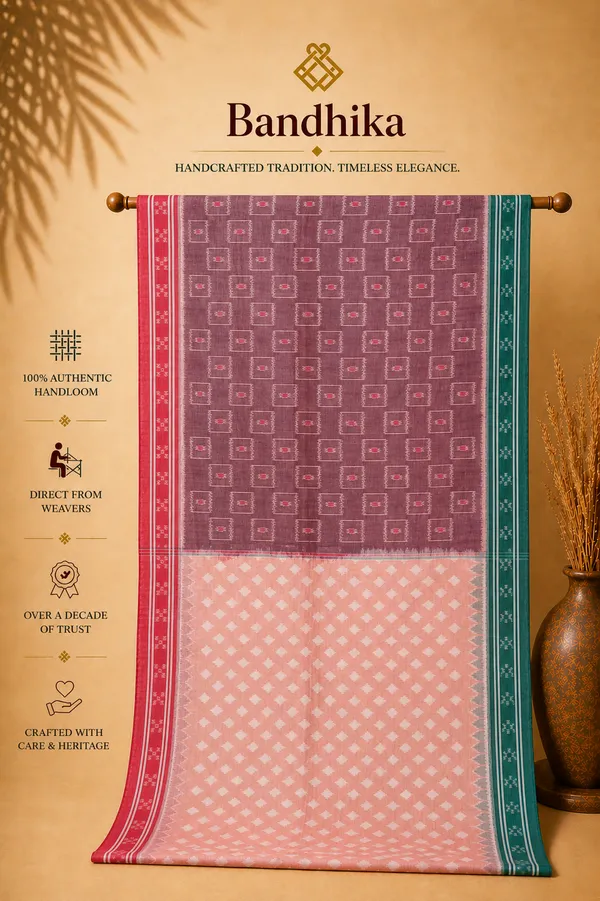 Bandhika_Maniabandha_Pure_Cotton_Saree_Maroon_Peach_Green_Traditional