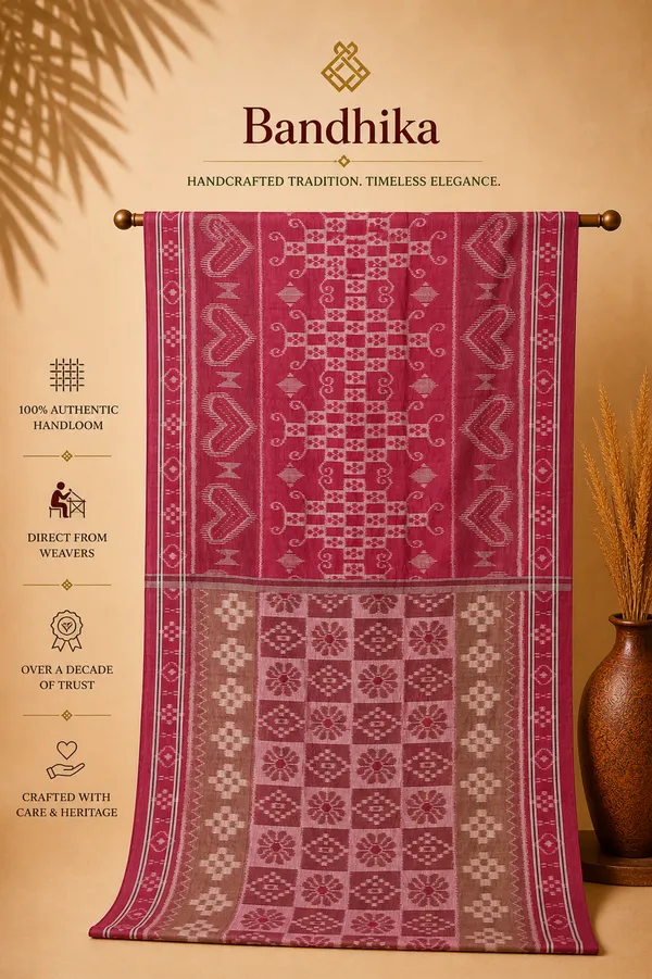Bandhika_Maniabandha_Pure_Cotton_Saree_Deep_Pink_Beige_Traditional