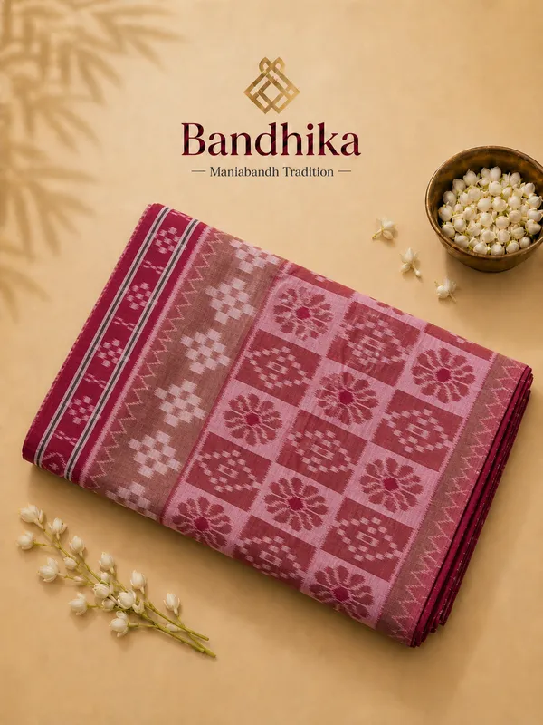 Bandhika_Maniabandha_Pure_Cotton_Saree_Deep_Pink_Beige_Traditional
