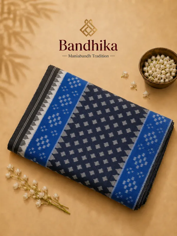 Bandhika_Maniabandha_Ikat_Pure_Cotton_Saree_Charcoal_Black_Royal_Blue_Traditional_Handloom