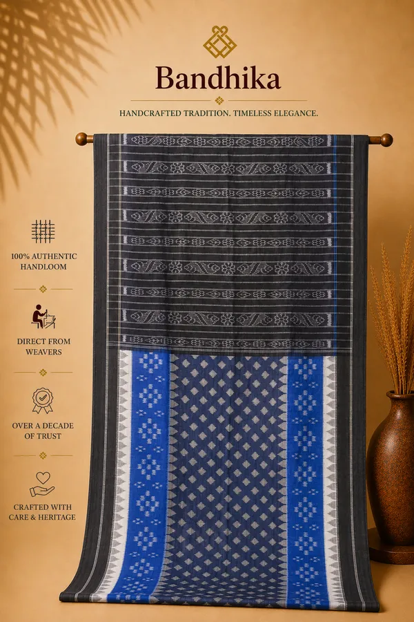 Bandhika_Maniabandha_Ikat_Pure_Cotton_Saree_Charcoal_Black_Royal_Blue_Traditional_Handloom