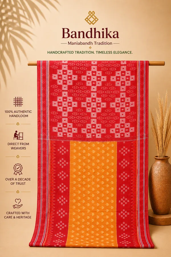 Bandhika_Maniabandha_Ikat_Pure_Cotton_Saree_Crimson_Red_Orange_Traditional_Handloom