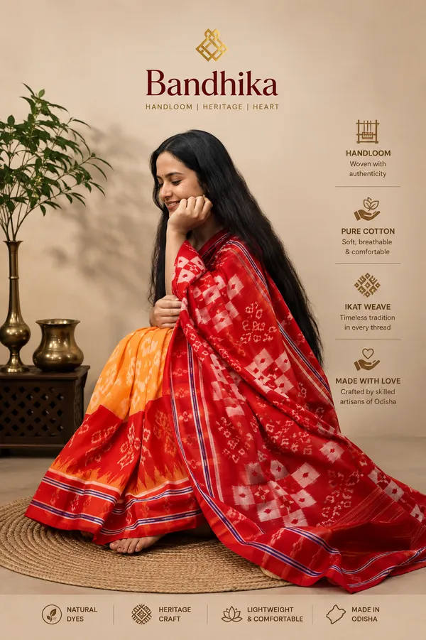 Bandhika_Maniabandha_Ikat_Pure_Cotton_Saree_Crimson_Red_Orange_Traditional_Handloom