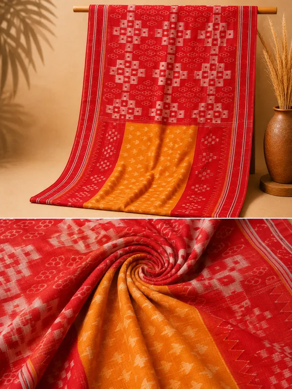 Bandhika_Maniabandha_Ikat_Pure_Cotton_Saree_Crimson_Red_Orange_Traditional_Handloom