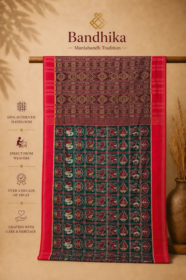 Bandhika_Maniabandha_Ikat_Pure_Cotton_NABAKOTI_DESIGN_Saree_–_Deep_Maroon,_Emerald_Green_&_Rani_Pink_Traditional_Handloom_Saree