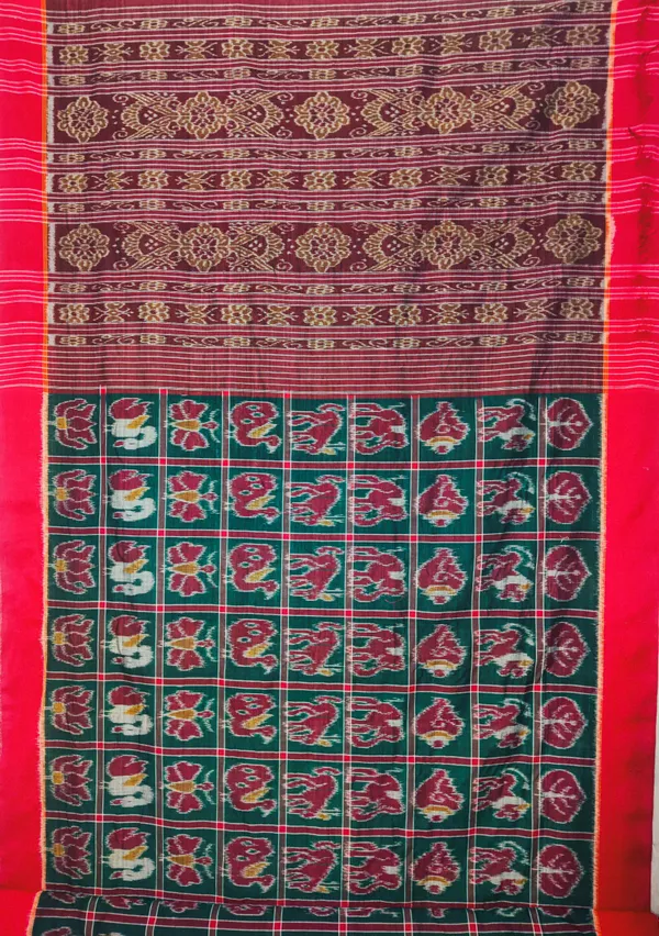 Bandhika_Maniabandha_Ikat_Pure_Cotton_NABAKOTI_DESIGN_Saree_–_Deep_Maroon,_Emerald_Green_&_Rani_Pink_Traditional_Handloom_Saree