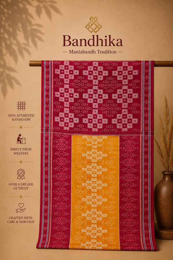 Bandhika_Maniabandha_Ikat_Pure_Cotton_Saree_–_Rani_Pink_&_Mustard_Yellow_Traditional_Handloom_Saree