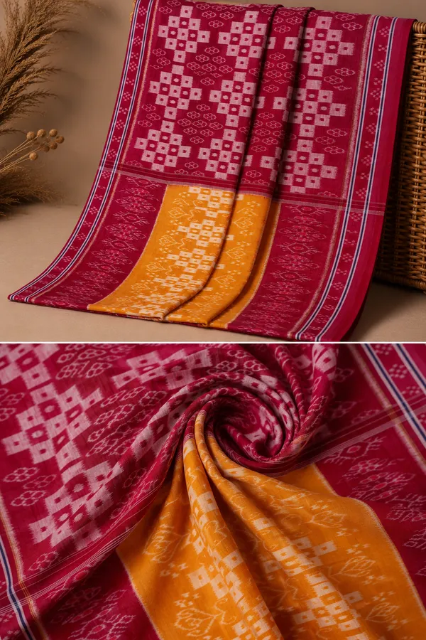 Bandhika_Maniabandha_Ikat_Pure_Cotton_Saree_–_Rani_Pink_&_Mustard_Yellow_Traditional_Handloom_Saree