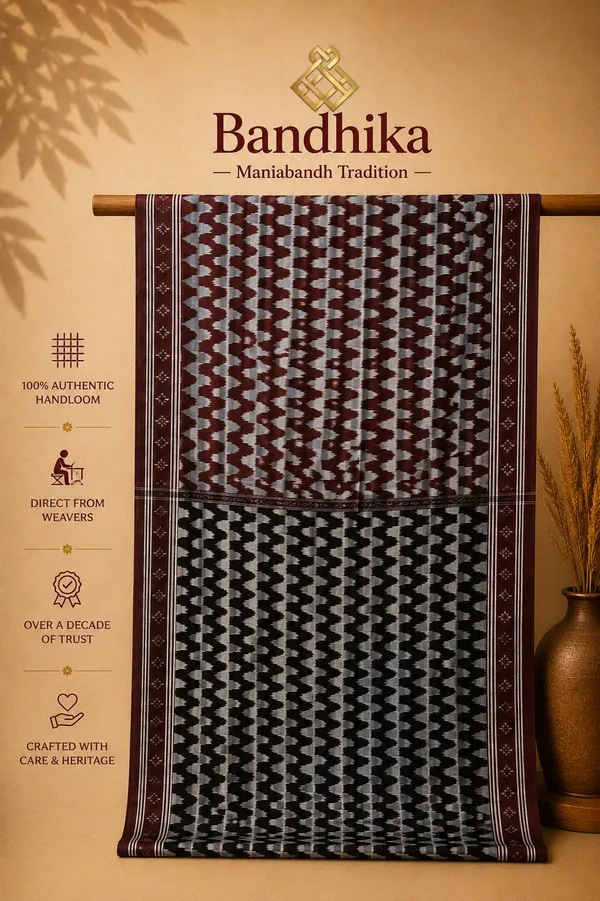 Bandhika_Maniabandha_Ikat_Pure_Cotton_Saree_–_Coffee_Brown,_Charcoal_Black_&_Ivory_White_Traditional_Handloom_Saree
