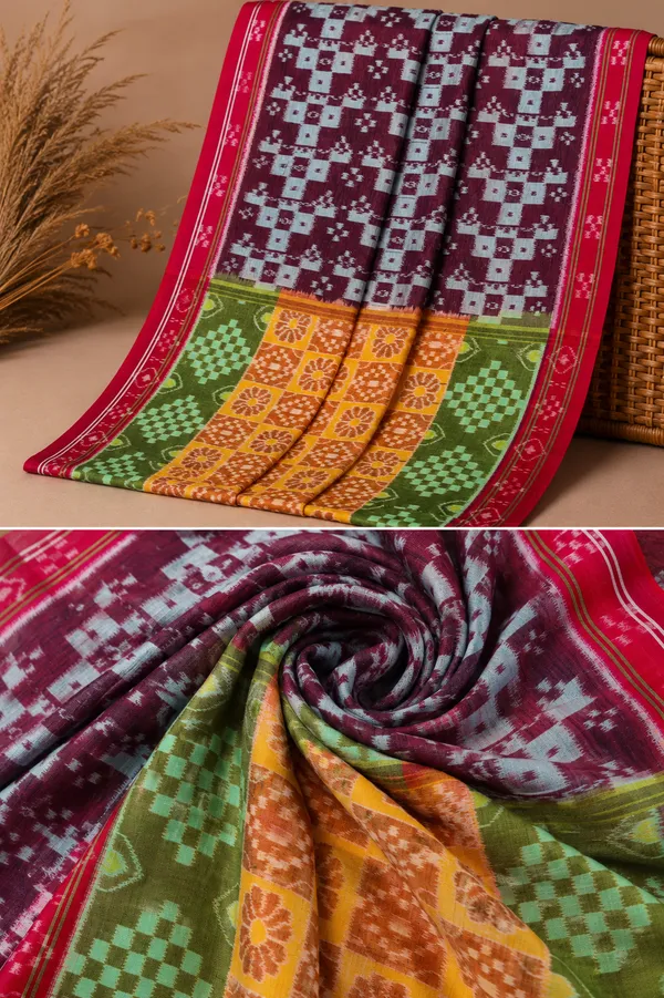 Bandhika_Maniabandha_Ikat_Pure_Cotton_Saree_–_Maroon,_Olive_Green_&_Mustard_Yellow_Traditional_Handloom_Saree