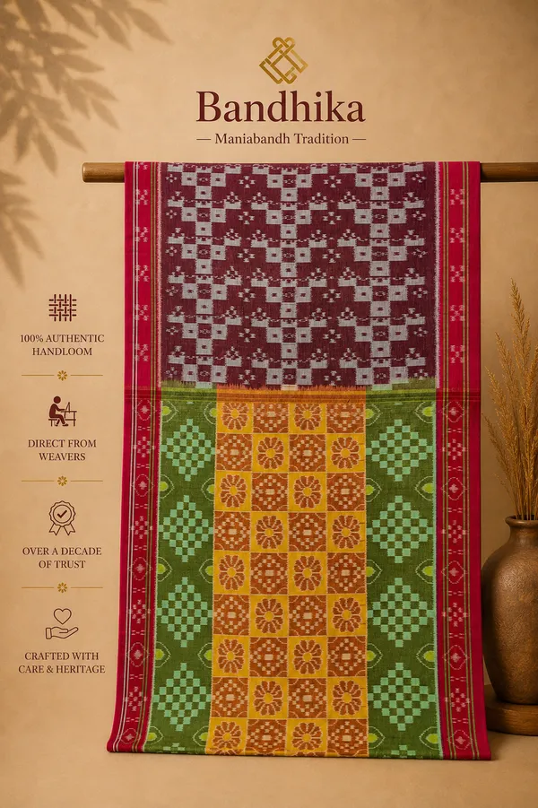Bandhika_Maniabandha_Ikat_Pure_Cotton_Saree_–_Maroon,_Olive_Green_&_Mustard_Yellow_Traditional_Handloom_Saree