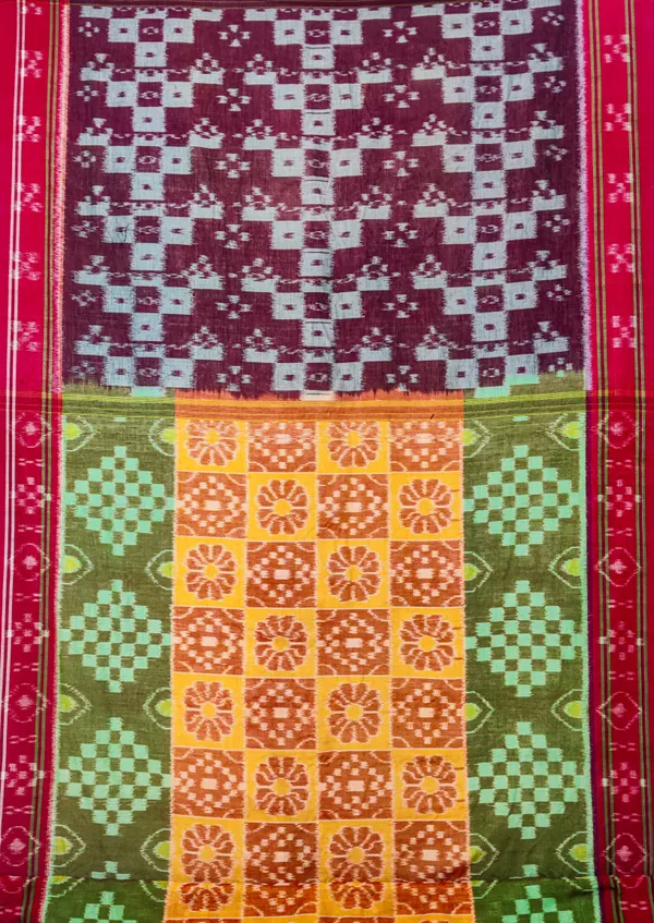 Bandhika_Maniabandha_Ikat_Pure_Cotton_Saree_–_Maroon,_Olive_Green_&_Mustard_Yellow_Traditional_Handloom_Saree
