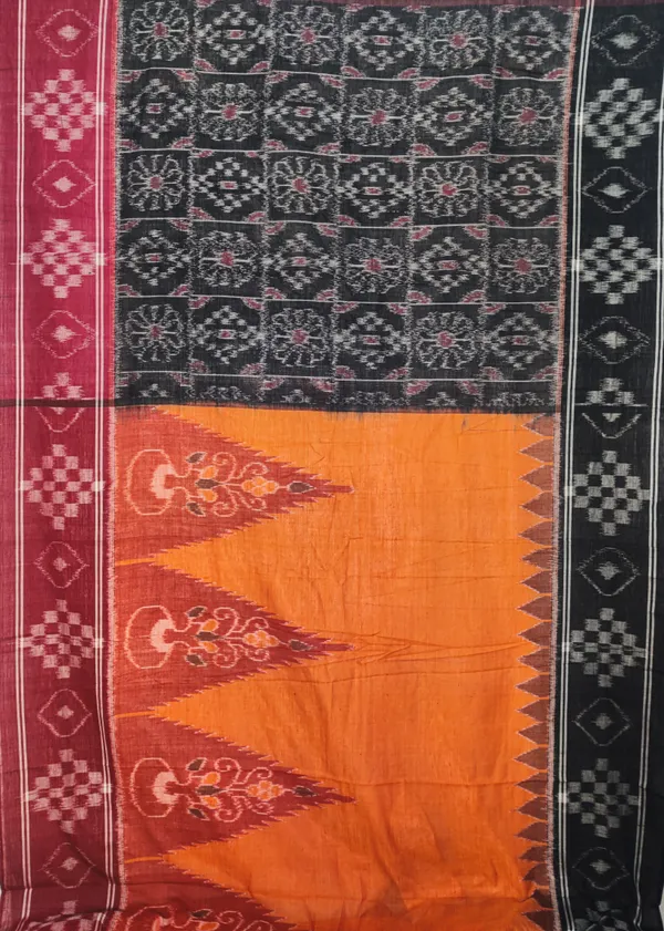 Bandhika_Maniabandha_Ikat_Pure_Cotton_Saree_–_Charcoal_Black,_Burnt_Orange_&_Maroon_Traditional_Handloom_Saree