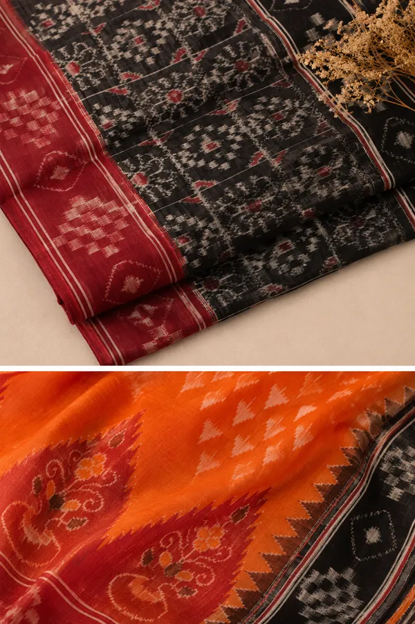 Bandhika_Maniabandha_Ikat_Pure_Cotton_Saree_–_Charcoal_Black,_Burnt_Orange_&_Maroon_Traditional_Handloom_Saree