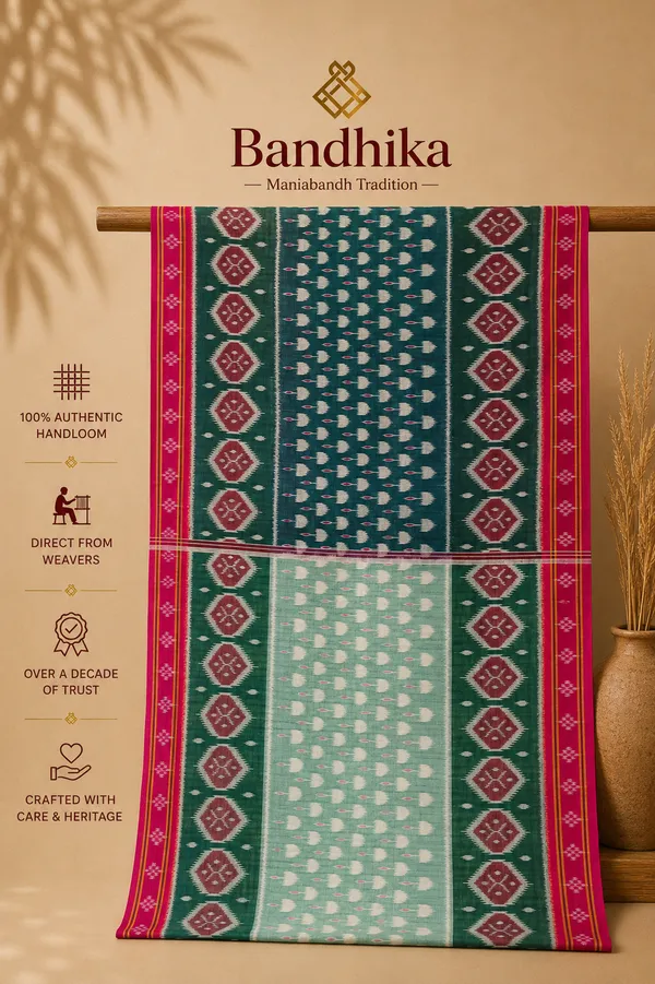 Bandhika_Maniabandha_Ikat_Pure_Cotton_Saree_–_Emerald_Green,_Mint_Green_&_Rani_Pink_Traditional_Handloom_Saree