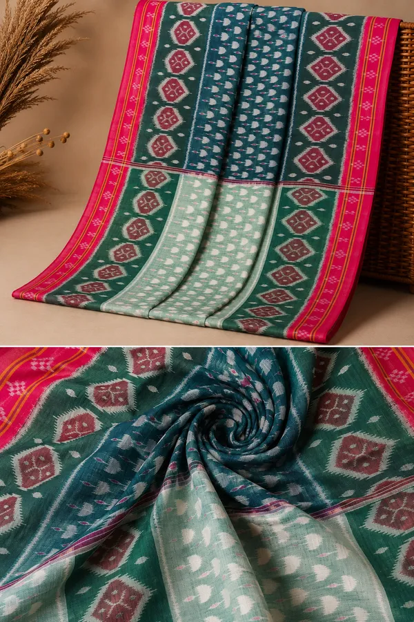 Bandhika_Maniabandha_Ikat_Pure_Cotton_Saree_–_Emerald_Green,_Mint_Green_&_Rani_Pink_Traditional_Handloom_Saree