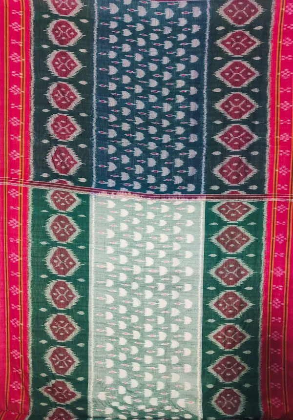 Bandhika_Maniabandha_Ikat_Pure_Cotton_Saree_–_Emerald_Green,_Mint_Green_&_Rani_Pink_Traditional_Handloom_Saree