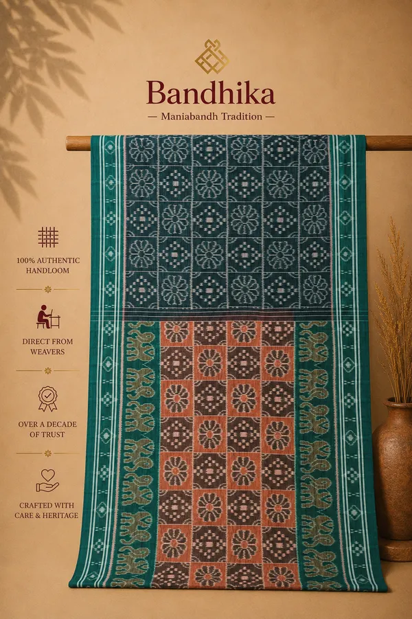 Bandhika_Maniabandha_Ikat_Pure_Cotton_Saree_–_Teal_Green,_Charcoal_Grey_&_Rustic_Brown_Traditional_Handloom_Saree