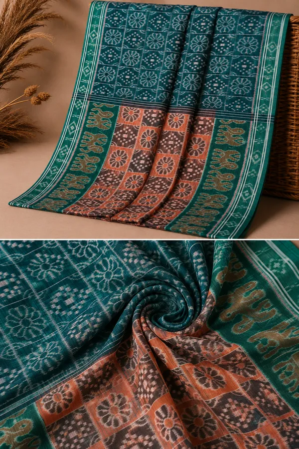 Bandhika_Maniabandha_Ikat_Pure_Cotton_Saree_–_Teal_Green,_Charcoal_Grey_&_Rustic_Brown_Traditional_Handloom_Saree