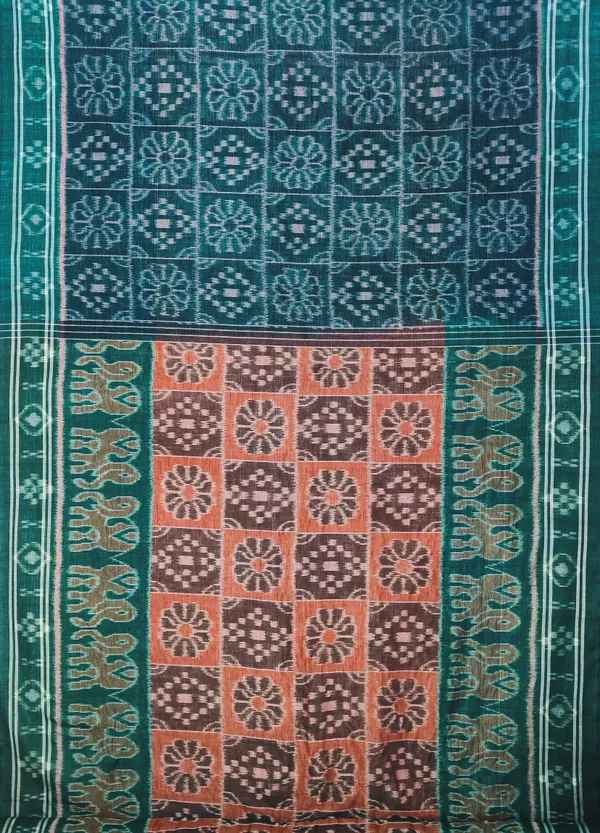 Bandhika_Maniabandha_Ikat_Pure_Cotton_Saree_–_Teal_Green,_Charcoal_Grey_&_Rustic_Brown_Traditional_Handloom_Saree