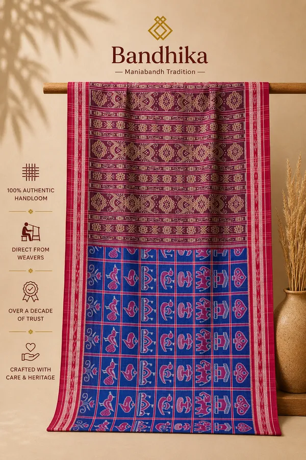 Bandhika_Maniabandha_Ikat_Pure_Cotton_Saree_–_Magenta_Pink,_Royal_Blue_&_Maroon_Traditional_Handloom_Saree