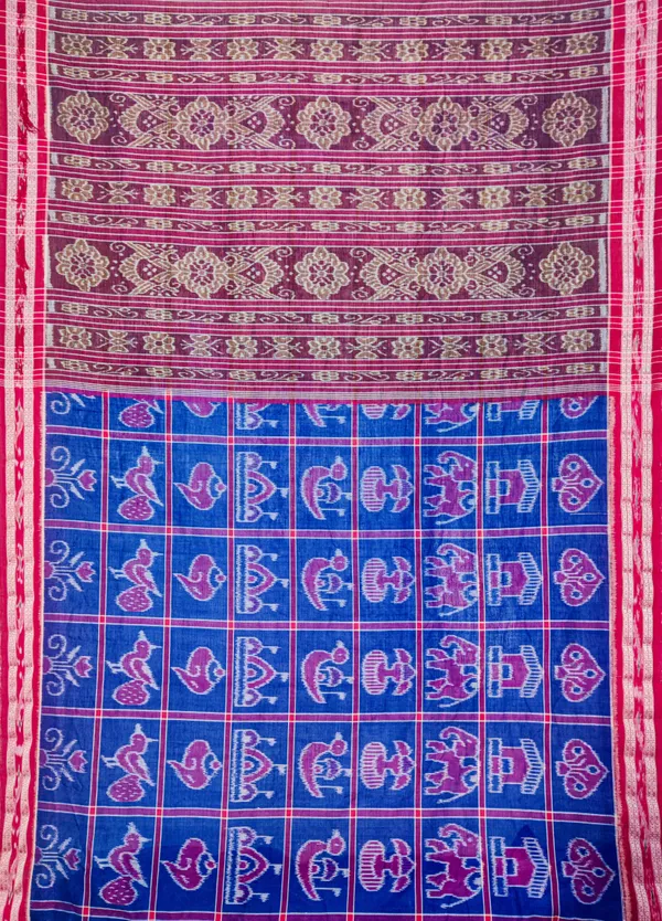 Bandhika_Maniabandha_Ikat_Pure_Cotton_Saree_–_Magenta_Pink,_Royal_Blue_&_Maroon_Traditional_Handloom_Saree