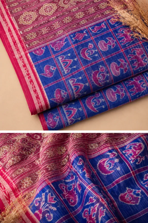 Bandhika_Maniabandha_Ikat_Pure_Cotton_Saree_–_Magenta_Pink,_Royal_Blue_&_Maroon_Traditional_Handloom_Saree