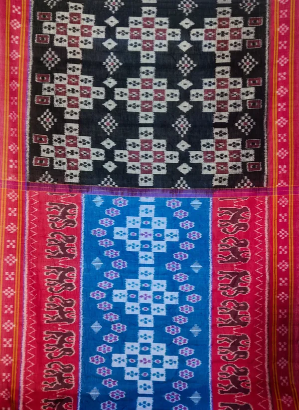 Bandhika_Maniabandha_Ikat_Pure_Cotton_Saree_–_Black,_Rani_Pink_&_Royal_Blue_Traditional_Handloom_Saree