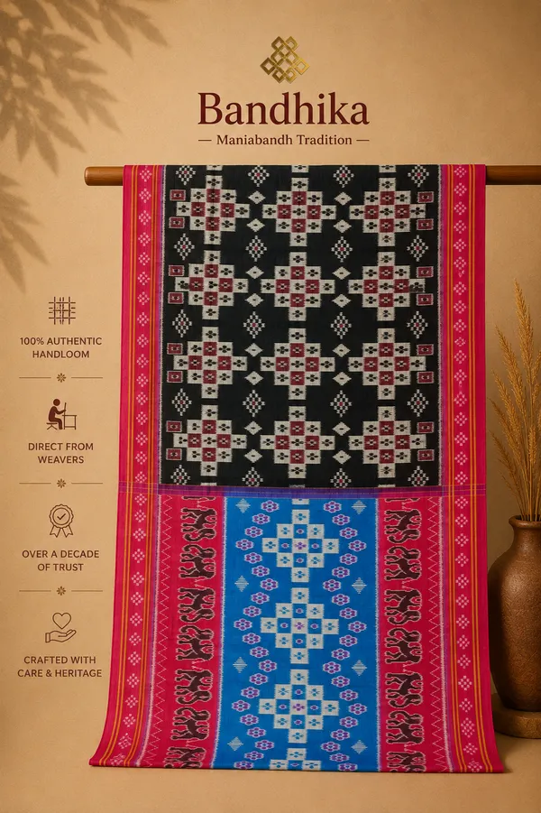 Bandhika_Maniabandha_Ikat_Pure_Cotton_Saree_–_Black,_Rani_Pink_&_Royal_Blue_Traditional_Handloom_Saree