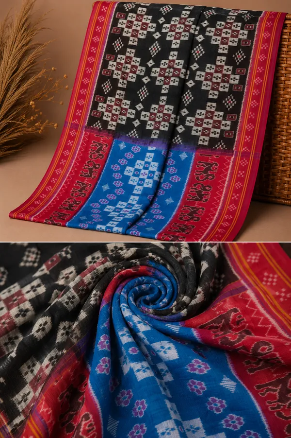 Bandhika_Maniabandha_Ikat_Pure_Cotton_Saree_–_Black,_Rani_Pink_&_Royal_Blue_Traditional_Handloom_Saree