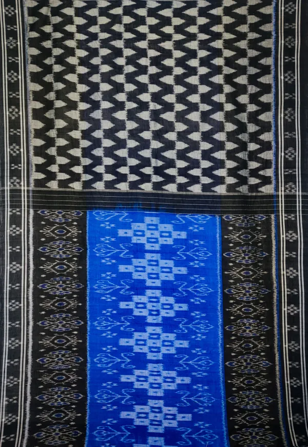 Bandhika_Maniabandha_Ikat_Pure_Cotton_Saree_–_Black,_Ivory_White_&_Royal_Blue_Traditional_Handloom_Saree