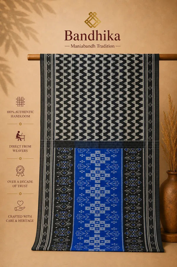 Bandhika_Maniabandha_Ikat_Pure_Cotton_Saree_–_Black,_Ivory_White_&_Royal_Blue_Traditional_Handloom_Saree