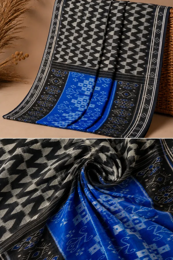 Bandhika_Maniabandha_Ikat_Pure_Cotton_Saree_–_Black,_Ivory_White_&_Royal_Blue_Traditional_Handloom_Saree