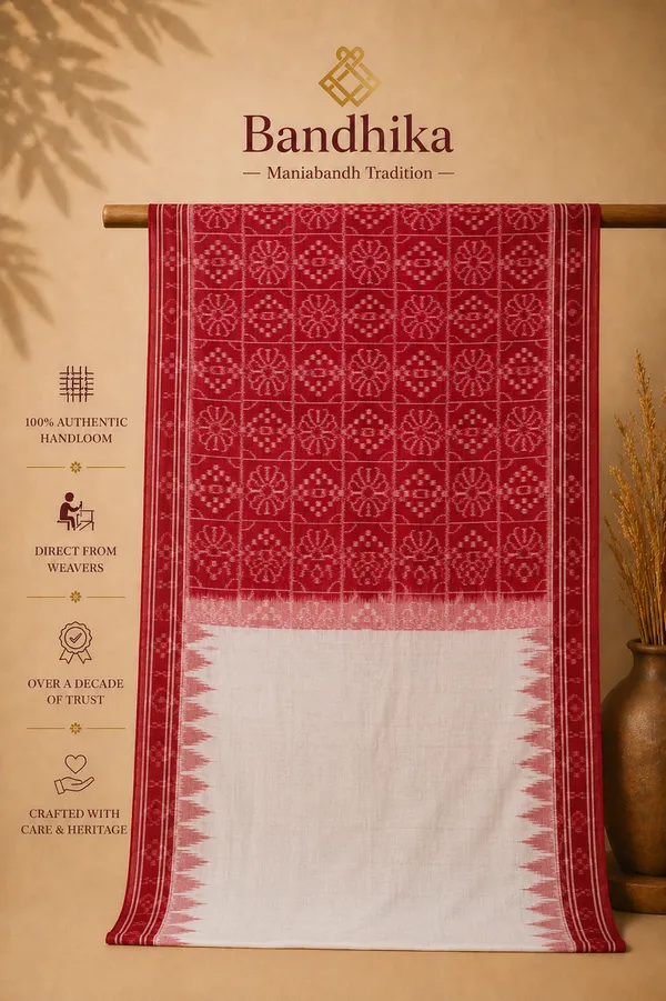 Bandhika_Maniabandha_Ikat_Pure_Cotton_Saree_–_Crimson_Red_&_Ivory_White_Traditional_Handloom_Saree