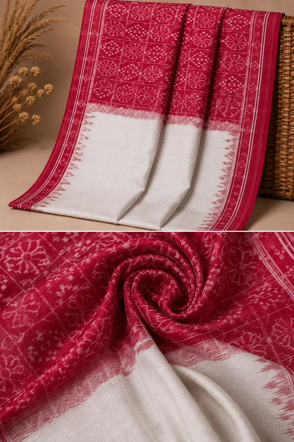 Bandhika_Maniabandha_Ikat_Pure_Cotton_Saree_–_Crimson_Red_&_Ivory_White_Traditional_Handloom_Saree