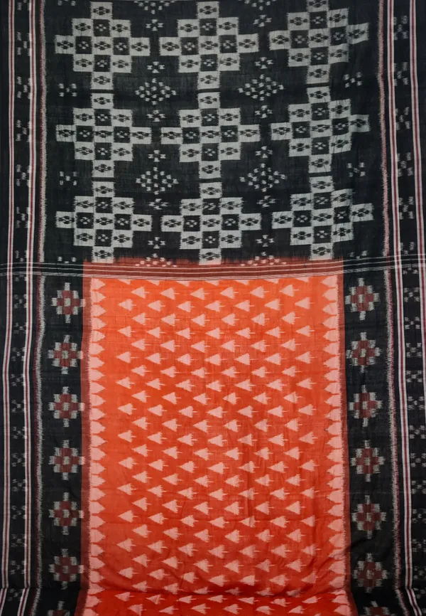 Bandhika_Maniabandha_Ikat_Pure_Cotton_Saree_–_Rust_Orange_&_Charcoal_Black_Traditional_Handloom_Design