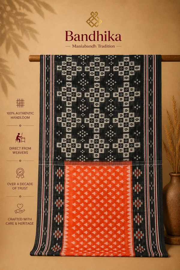 Bandhika_Maniabandha_Ikat_Pure_Cotton_Saree_–_Rust_Orange_&_Charcoal_Black_Traditional_Handloom_Design