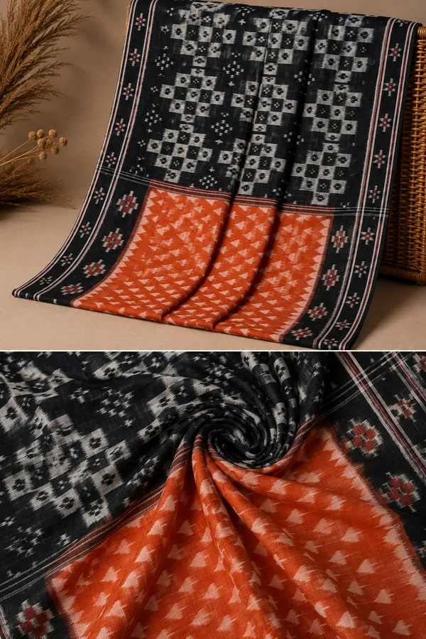 Bandhika_Maniabandha_Ikat_Pure_Cotton_Saree_–_Rust_Orange_&_Charcoal_Black_Traditional_Handloom_Design