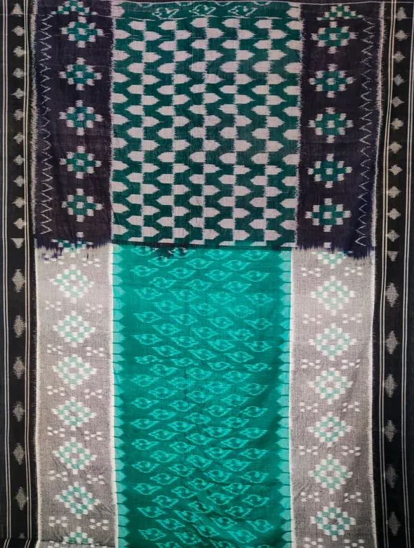 Bandhika_Maniabandha_Ikat_Pure_Cotton_Saree_–_Charcoal_Black_&_Teal_Green_Traditional_Handloom_Design
