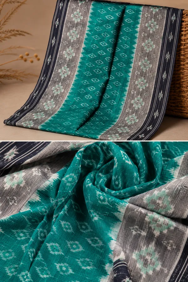 Bandhika_Maniabandha_Ikat_Pure_Cotton_Saree_–_Charcoal_Black_&_Teal_Green_Traditional_Handloom_Design